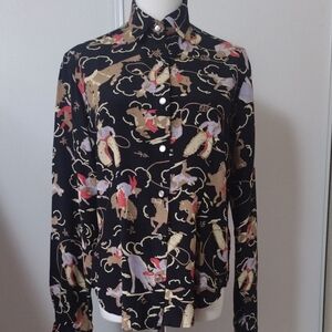 Small Wms Western Cowboys Black Printed Button-Down Blouse with Pearl Buttons